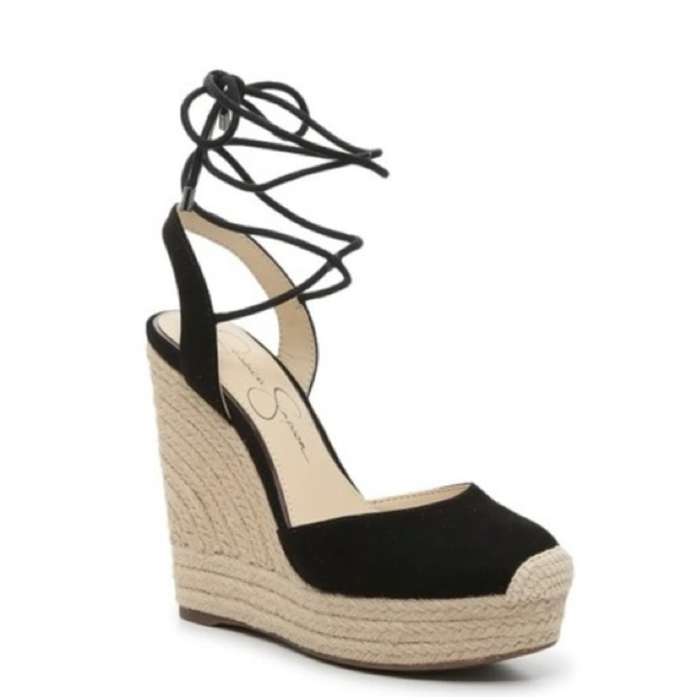 Jessica Simpson Black Espadrille Wedge Sandals with Wrap Ankle Ties